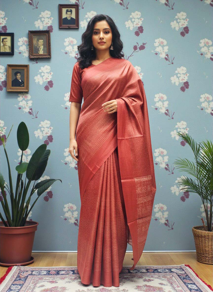 Tussar Silk Saree with All-Over Resham Stripe Weave
